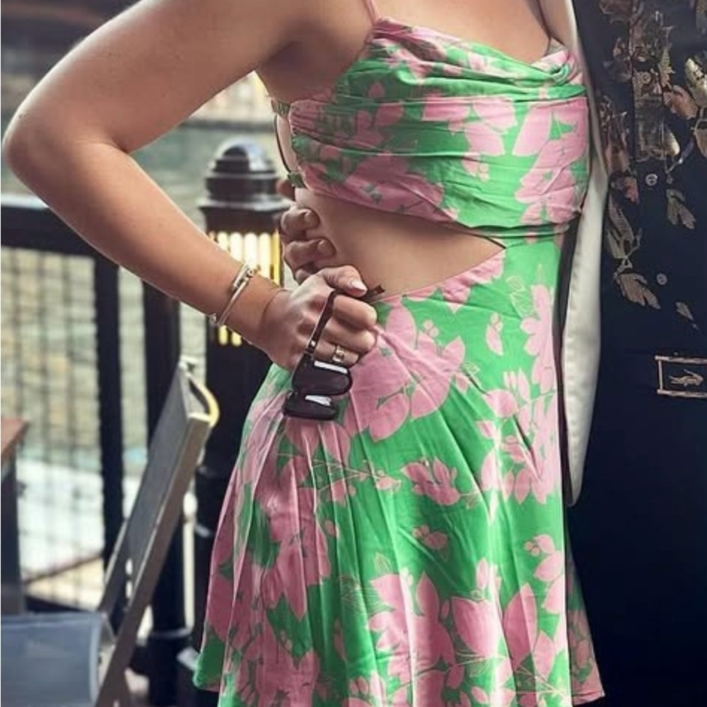 Green and Pink Floral Cutout Dress